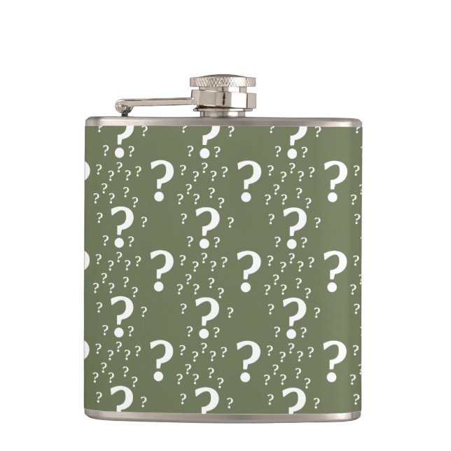 Mystery question mark riddle puzzle olive green hip flask (Front)