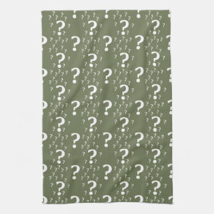Mystery question mark riddle puzzle olive green tea towel