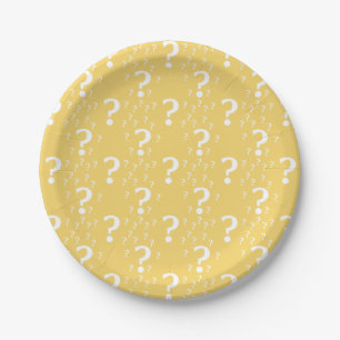 Mystery question mark riddle puzzle yellow paper plate