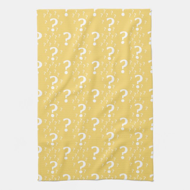 Mystery question mark riddle puzzle yellow tea towel (Vertical)