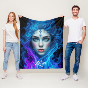 Mystery Woman Emerging from Blue & Purple Flames Fleece Blanket