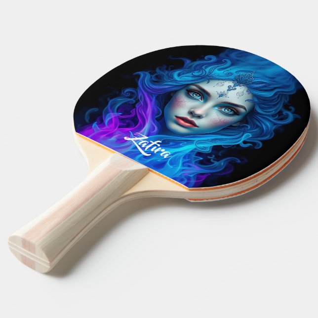 Mystery Woman Emerging from Blue & Purple Flames Ping Pong Paddle (Back Angle)