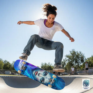 Mystery Woman Emerging from Blue & Purple Flames Skateboard