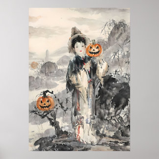 Mystic Asian Halloween – Watercolor Art Poster