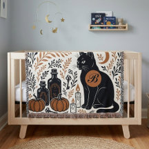 Mystic Black Cat Crescent Moon Botanical Monogram