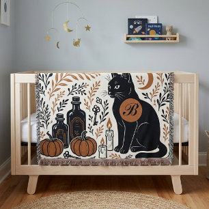 Mystic Black Cat Crescent Moon Botanical Monogram Throw Blanket