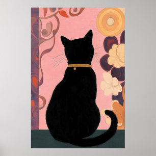 Mystic Black Cat on Pink Abstract Background  Poster