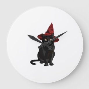 Mystic Black Cat with Dark Red Hat Classic T-Shirt Large Clock