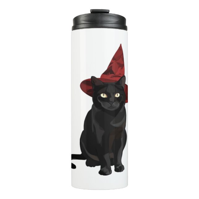 Mystic Black Cat with Dark Red Hat Classic T-Shirt Thermal Tumbler (Front)