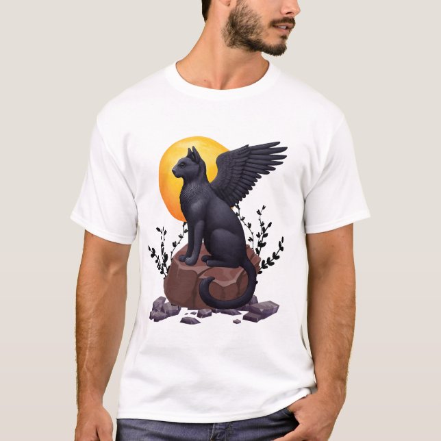 Mystic Black Winged Cat Under the Moon | Fantasy A T-Shirt (Front)