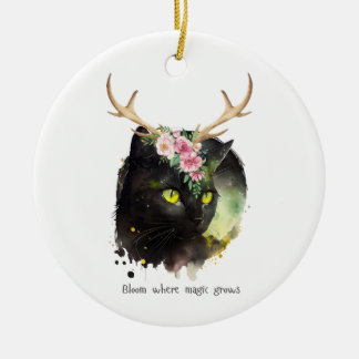 Mystic Bloom Cat Ceramic Ornament