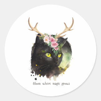 Mystic Bloom Cat Classic Round Sticker
