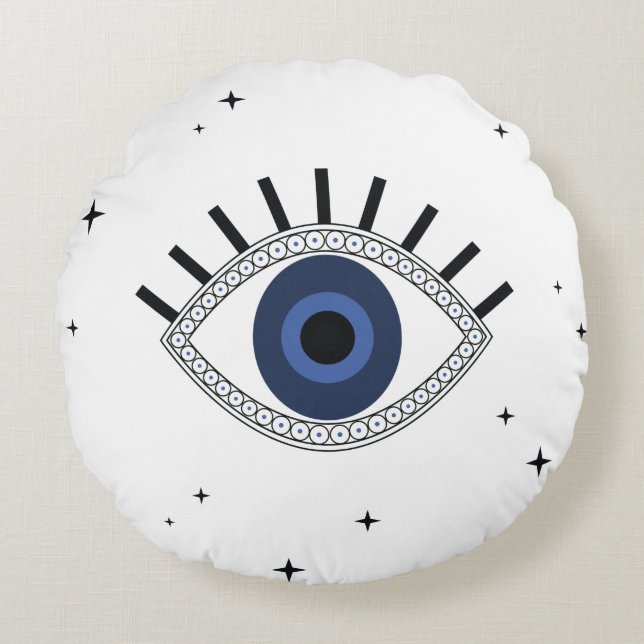 Mystic blue eye and stars, evil eye protection round cushion (Front)