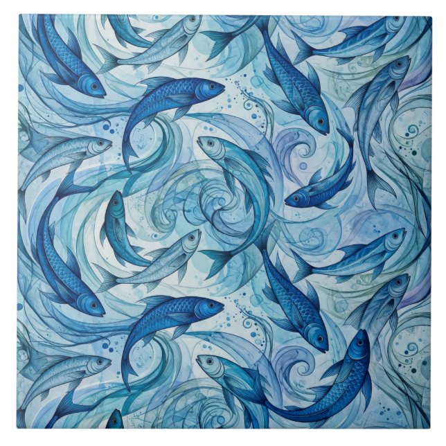 Mystic Blue Fish Flowing Harmony Ceramic Tile (Front)