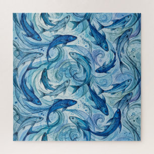Mystic Blue Fish Flowing Harmony Jigsaw Puzzle