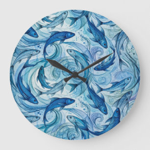 Mystic Blue Fish Flowing Harmony Large Clock