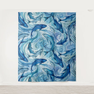 Mystic Blue Fish Flowing Harmony Tapestry