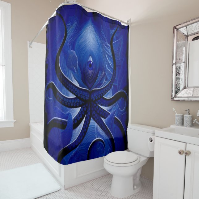 “Mystic Blue Octopus – Surreal Ocean Guardian” Shower Curtain (In Situ)