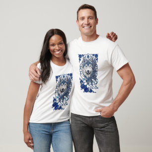 Mystic Blue Wolf Head Art Boho Mandala Design T-Shirt