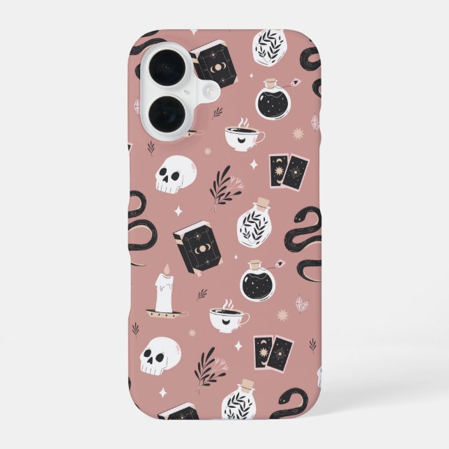 Mystic Boho Crystal Skull Snake Pattern iPhone 16 Case (Back)