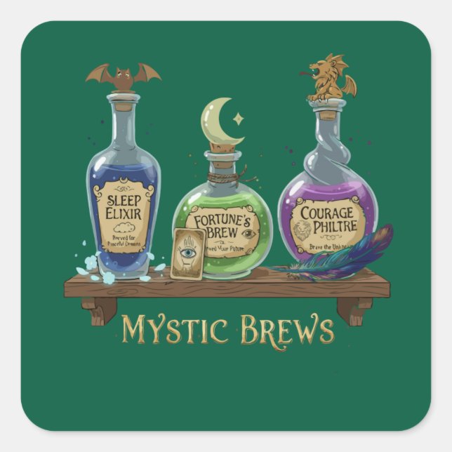 Mystic Brews | Whimsical Witchy Potions & Elixirs Square Sticker (Front)