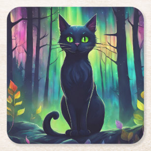 Mystic Cat of the Northern Lights Square Paper Coaster