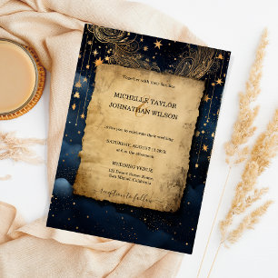Mystic Celestial Midnight Blue Gold Stars Moon Invitation