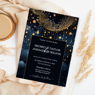 Mystic Celestial Midnight Blue Gold Stars Moon Invitation