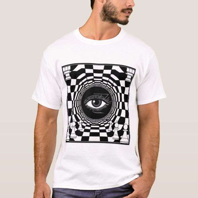 Mystic Chess Eye | Black & White Optical Chess Art T-Shirt (Front)