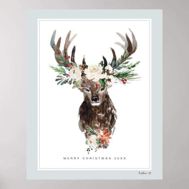 Mystic Christmas Deer Head Flowers Bouquet Poster (Front)