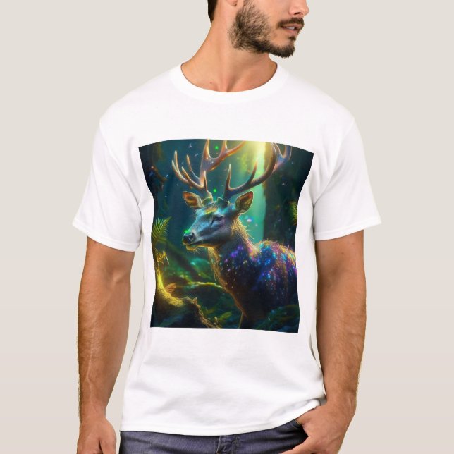 Mystic Christmas –Glowing Deer in Enchanted Forest T-Shirt (Front)