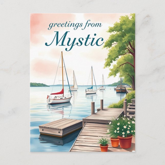 Mystic, Connecticut – Waterfront & Sailboats Postcard (Front)