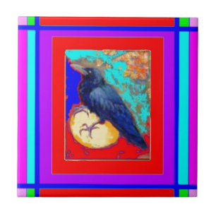 Mystic Crow on Red & Purple By Sharles Ceramic Tile