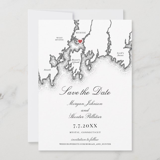 Mystic CT Map Elegant Black and White Wedding Save The Date (Front)