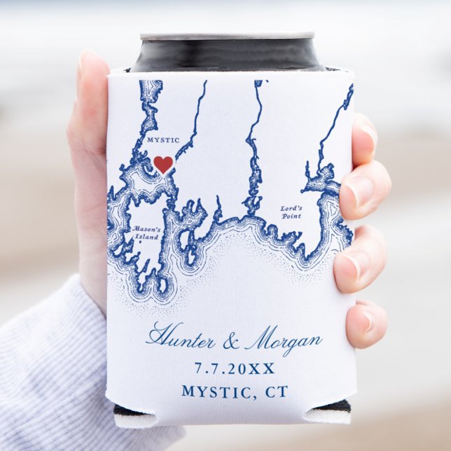 Mystic CT Map Elegant Navy Blue Wedding Favour Can Cooler (Mystic CT Map Wedding Coozie Can Cooler Favor in Navy Blue by Coastal Map Designs)