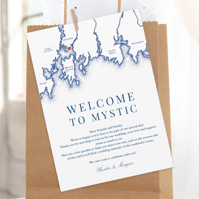 Mystic CT Map Wedding Welcome Itinerary Navy Blue Thank You Card (Mystic CT Map Wedding Welcome letter and weekend events itinerary for an elegant navy blue wedding)