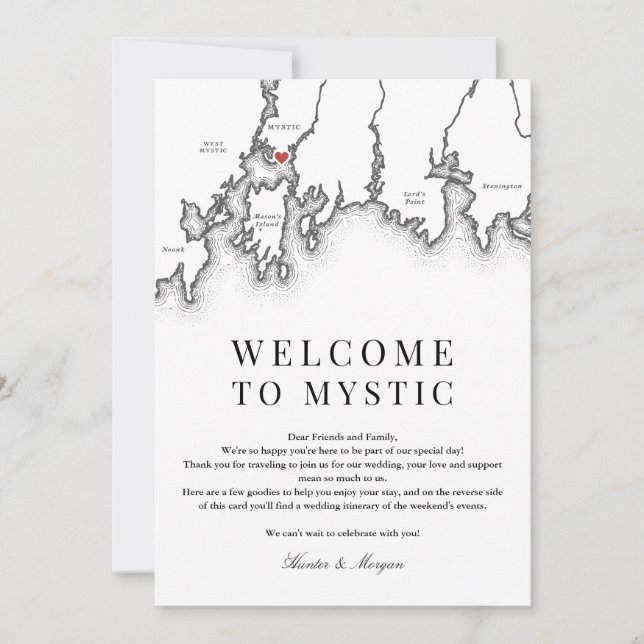 Mystic CT Map Wedding Welcome Letter Black White Thank You Card (Front)