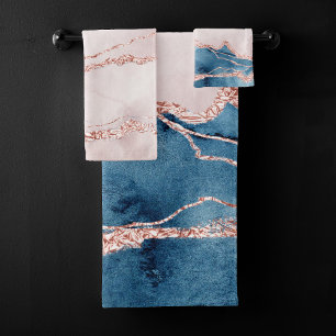 Mystic Elegance Teal Blue and Rose Gold Agate Bath Towel Set