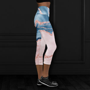 Mystic Elegance   Teal Blue and Rose Gold Agate Capri Leggings