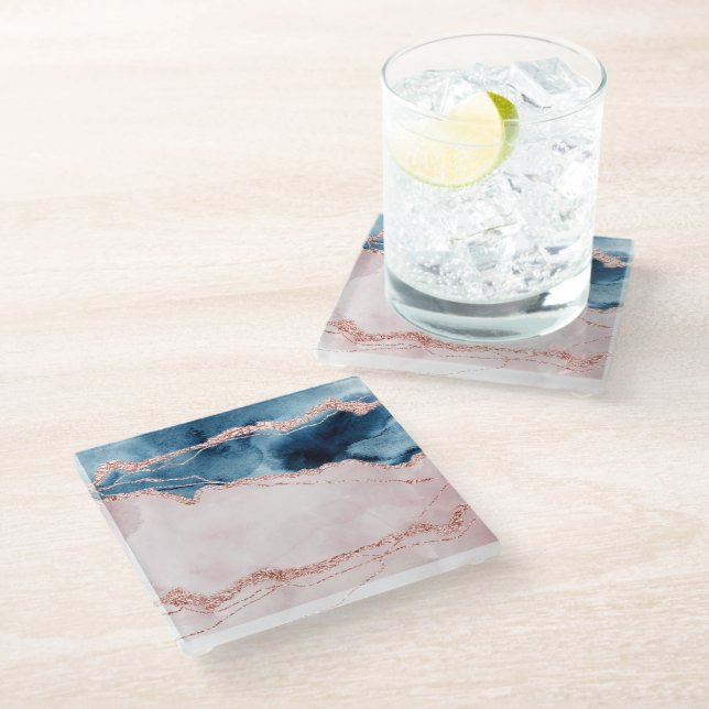 Mystic Elegance | Teal Blue and Rose Gold Agate Glass Coaster (Angled)