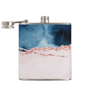 Mystic Elegance Teal Blue and Rose Gold Agate Hip Flask