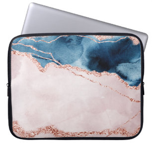 Mystic Elegance   Teal Blue and Rose Gold Agate Laptop Sleeve