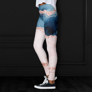 Mystic Elegance   Teal Blue and Rose Gold Agate Leggings