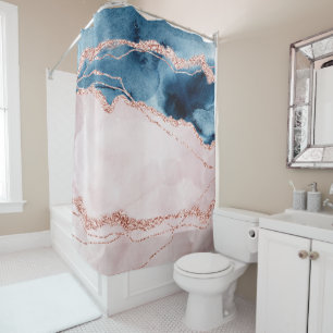 Mystic Elegance   Teal Blue and Rose Gold Agate Shower Curtain