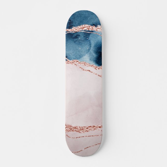 Mystic Elegance | Teal Blue and Rose Gold Agate Skateboard (Front)