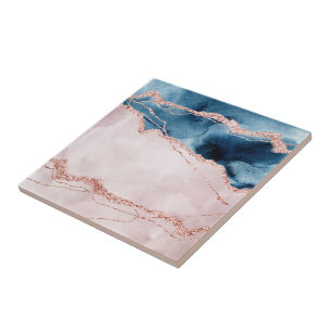 Mystic Elegance   Teal Blue Blush Pink Agate Ceramic Tile