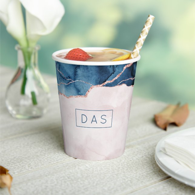Mystic Elegance | Teal Blush Pink Agate Monogram Paper Cups (Insitu)