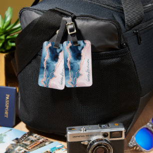 Mystic Elegance Teal Pink Peach Agate Monogram Luggage Tag