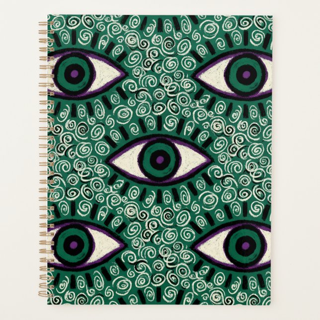 "Mystic Emerald Eyes" - Psychedelic Swirl Seamless Planner (Front)