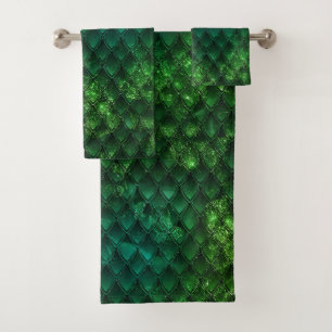 Mystic Emerald Fantasy Green Dragon Scale Pattern Bath Towel Set
